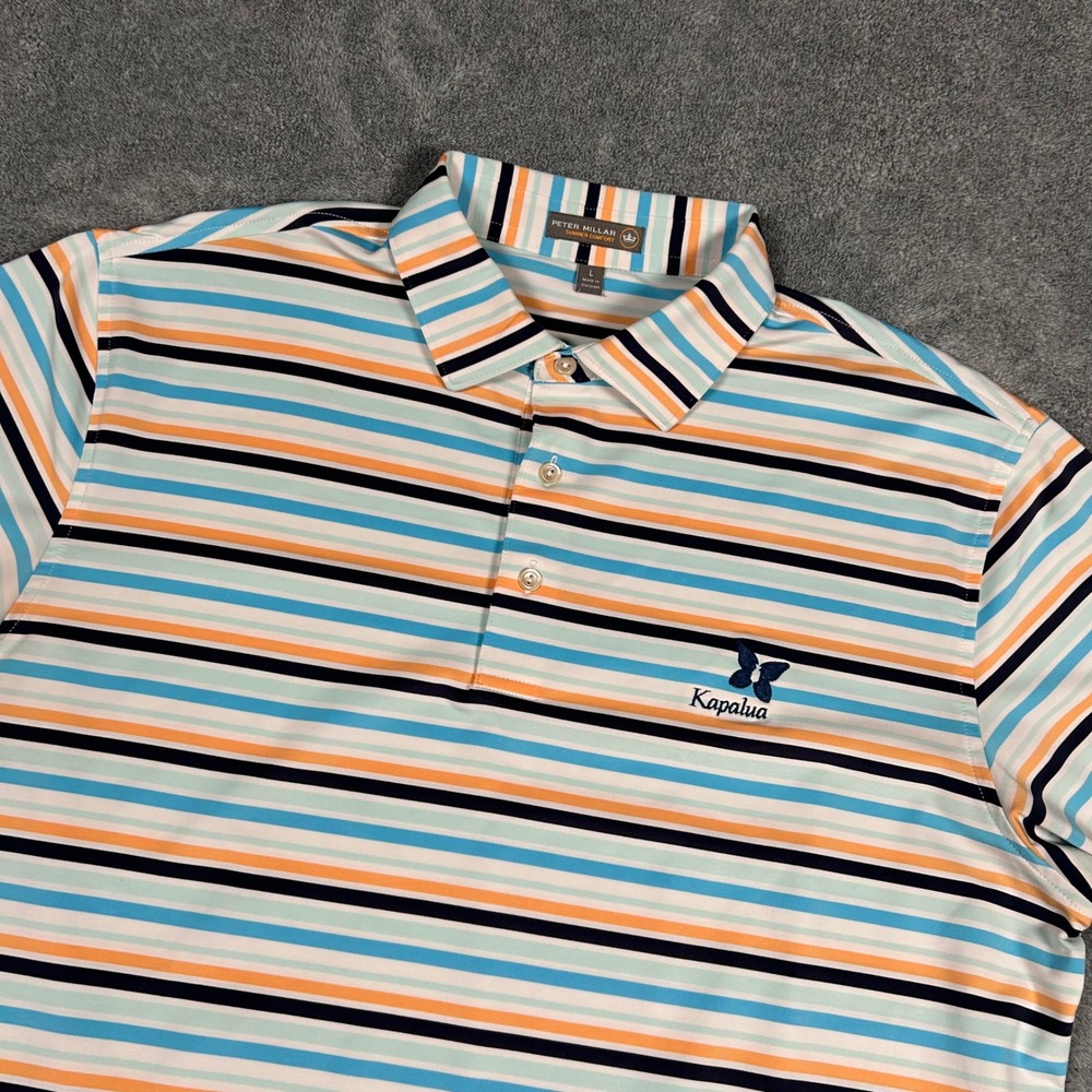 Peter Millar Summer Comfort Kapalua Golf Polo Mens Large Blue Orange Striped L - Picture 12 of 12